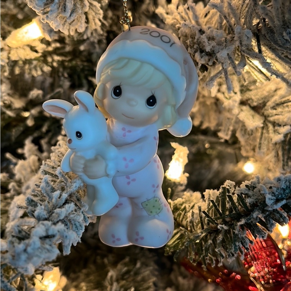 2001 Precious Moments Pink Pajama Girl with Bunny Ornament